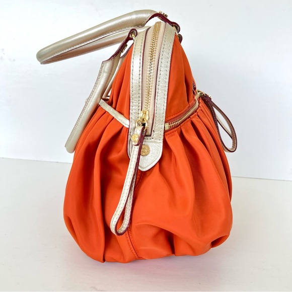 MZ WALLACE Bea Bedford Pleated Orange Nylon Gold Leather Trim Shoulder Bag Tote - Picture 5 of 16